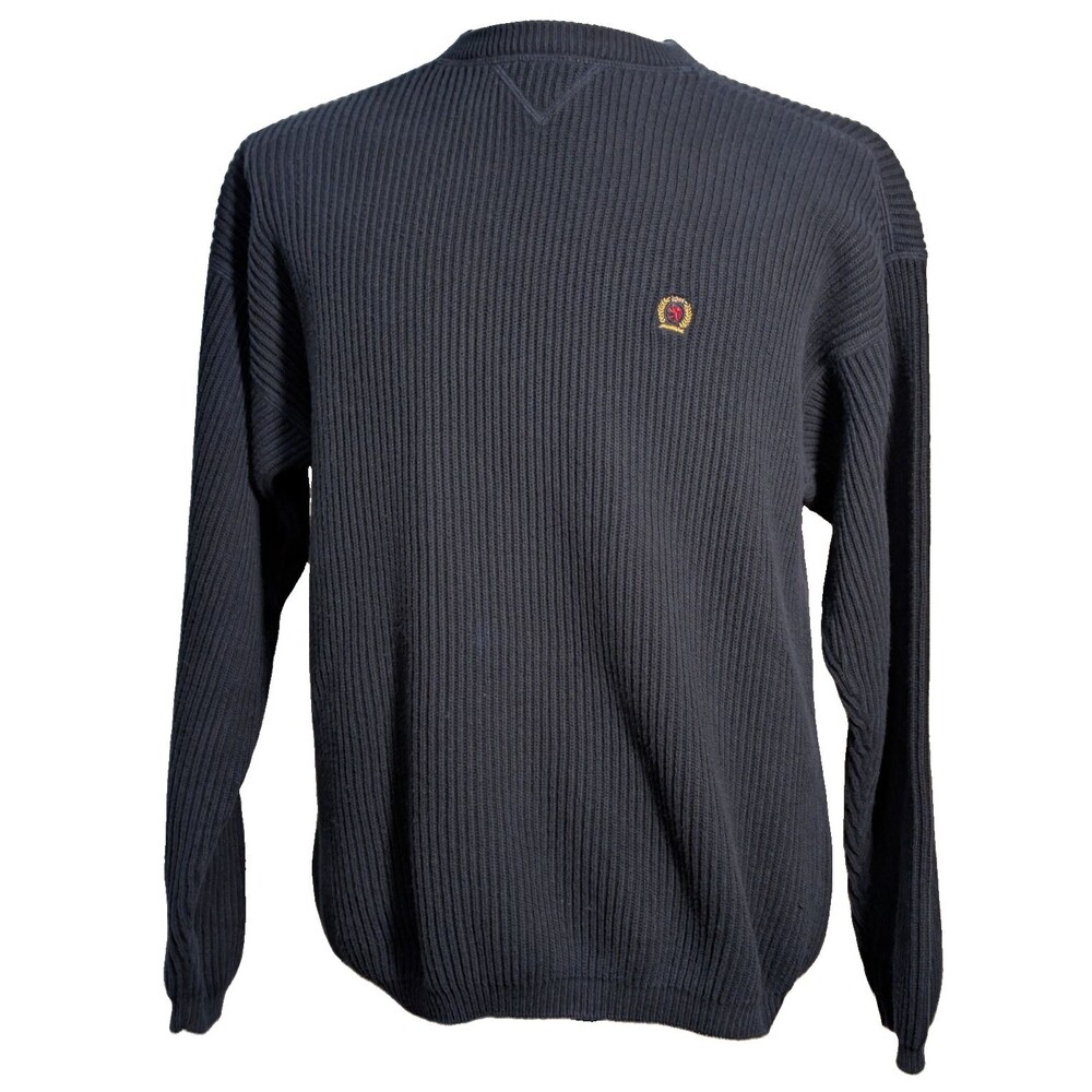 Tommy Hilfiger Men's L Heavy Knit Crewneck Sweater Navy Blue Crest Logo Vintage
